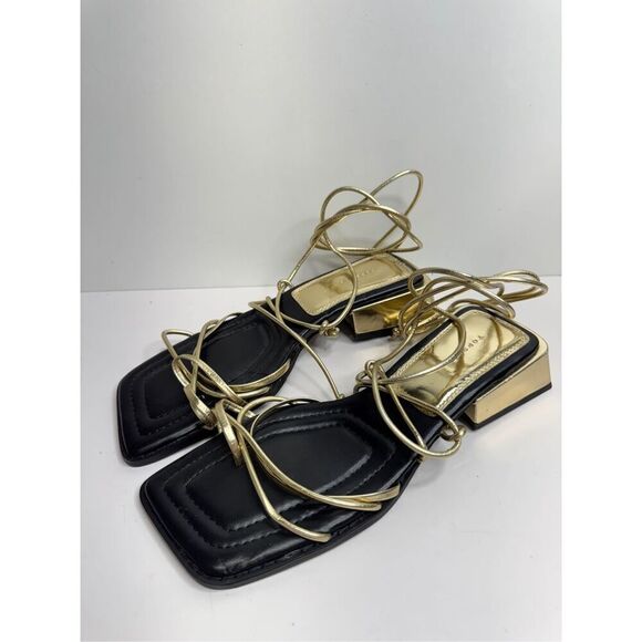 Top Shop Ankle Wrap Sandals Size 6US Gold Black Square Toe Block Heel - Picture 3 of 8